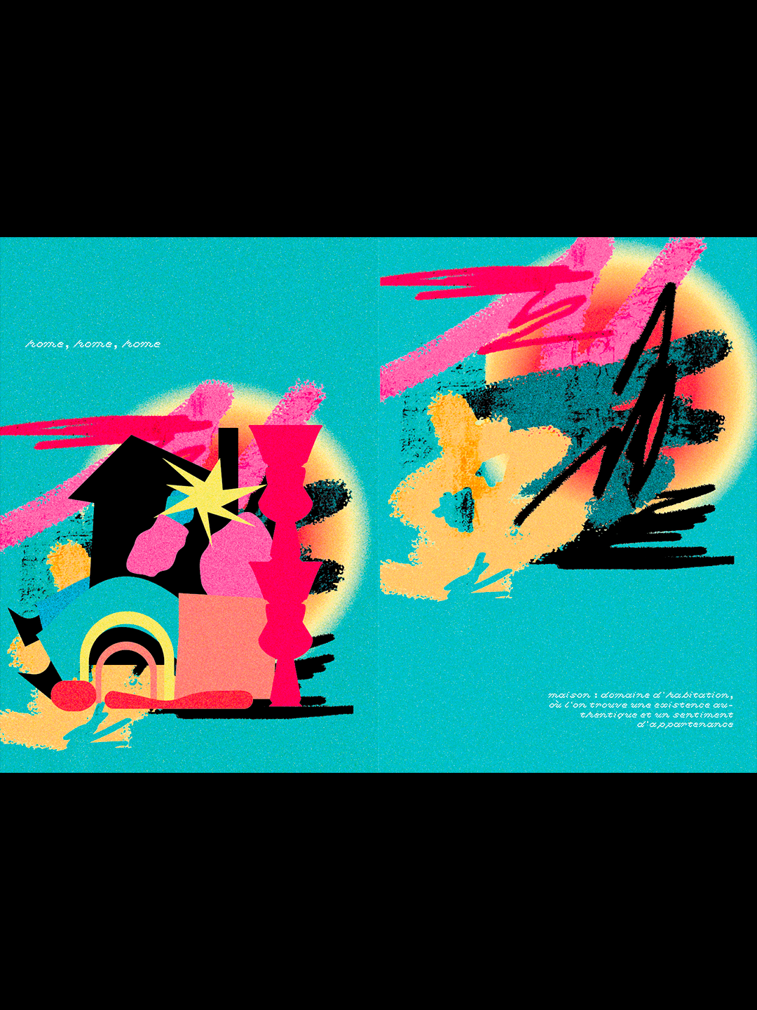 Carte recto verso turquoise, rose et jaune avec une illustration exterieur avec un personnage à tete d'etoile dans une maison. L'intérieur contient un passage du livre et nos visages de John Berger